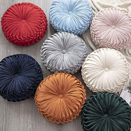 Round Throw Pillow Velvet Home Decoration Pleated Round Pillow Cushion for Couch Chair Bed Car Beige